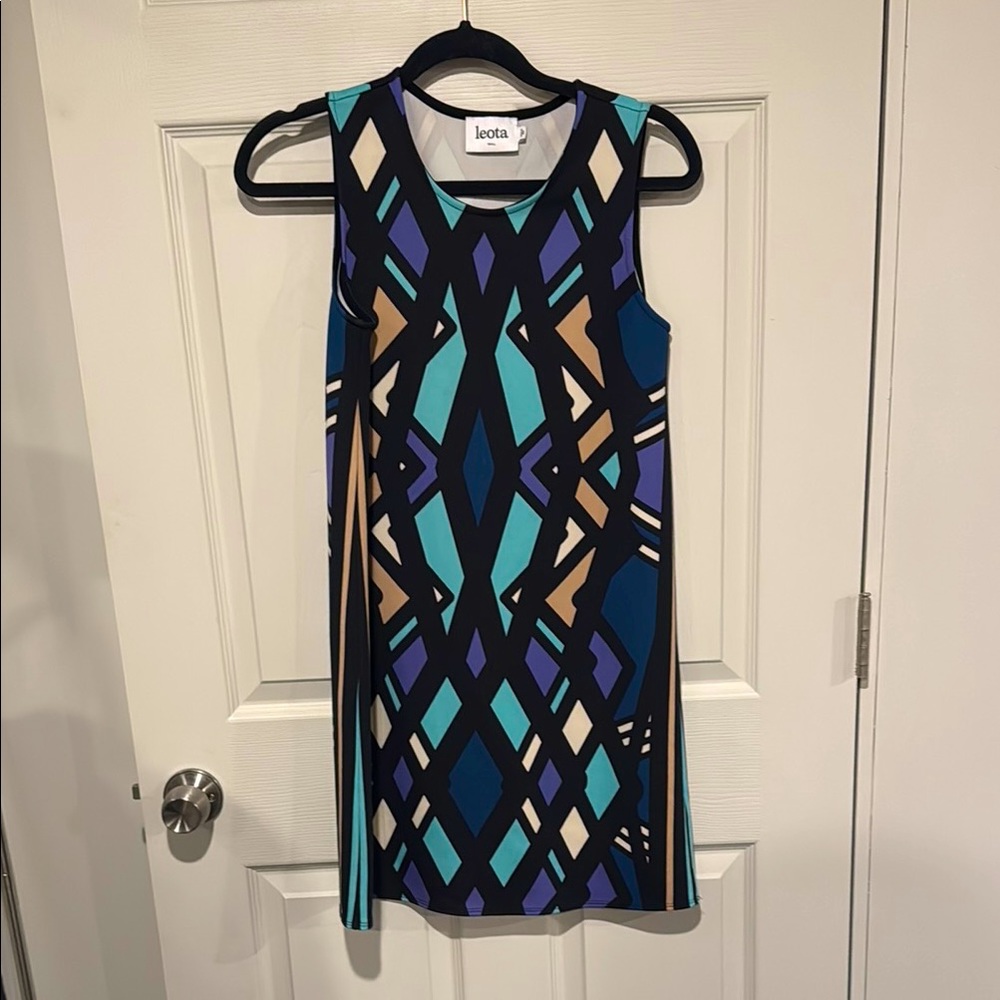 Leota Geometric Print Sleeveless Shift Dress Blue Black Size S